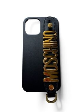 Moschino Black Phone Case with Gold Logo Strap Accent